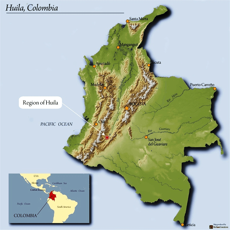 Map of La Argentina, Huila region in Colombia – origin of Pine Flat Roastery coffee