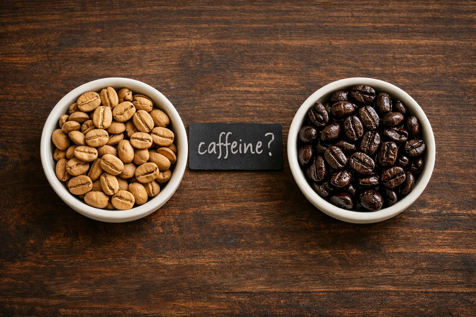 Coffee beans arranged from lighter roast to darker roast to illustrate the caffeine myth