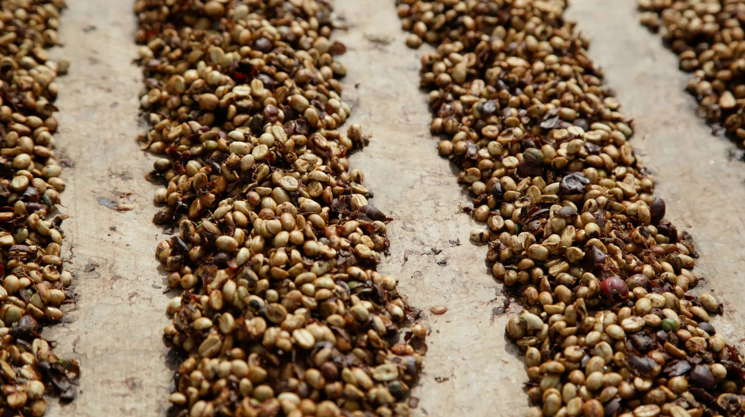 Coffee beans drying in neat rows outdoors