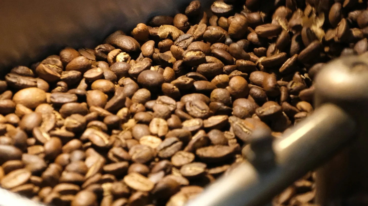 Freshly roasted coffee beans moving inside a roasting machine